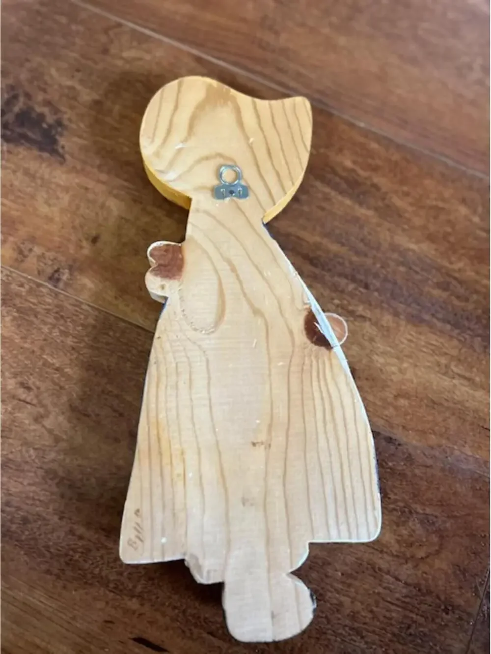 Vintage Wooden Wall Hanging Girl Figurine with Painted Dress and Hat